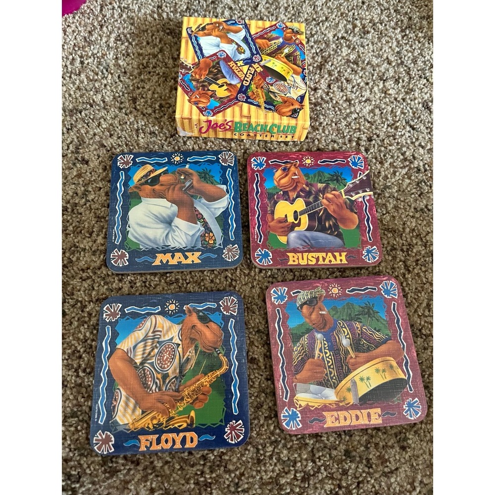 Joe Camel Joe's Beach Club Cork Coaster Set Eddie Bustah Max Floyd Vtg 4 in‎ Box